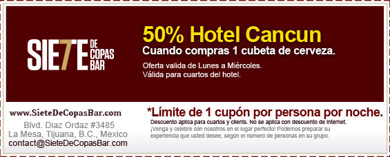 Coupon - 50% off Hotel Cancun cuando compras 1 cubeta de cerveza.